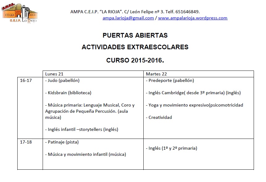 Horario Clases abiertas.